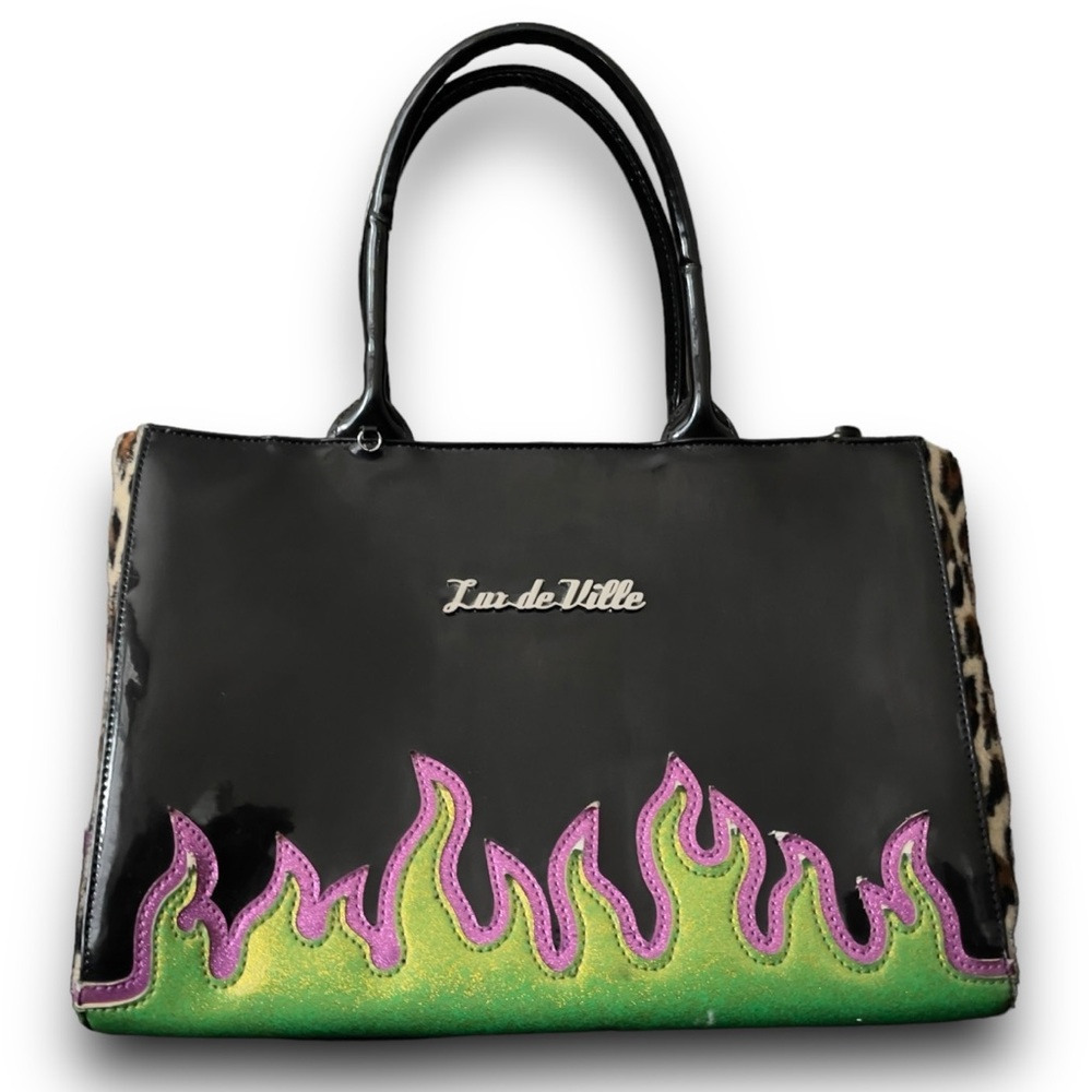 Lux de Ville Black Patent Tote with Green and Purple Flame Accent